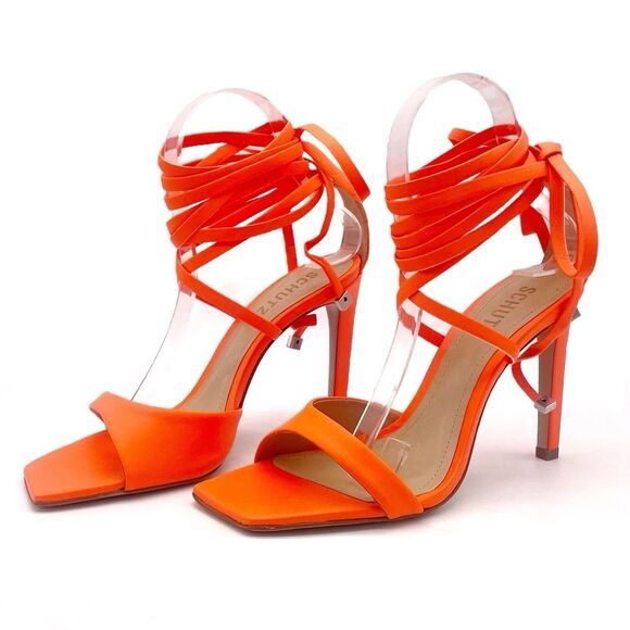 NEW Schutz Bryce Leather Stiletto Sandals Neon Orange Lace-Up Sandals Size 7.5 - Picture 5 of 16